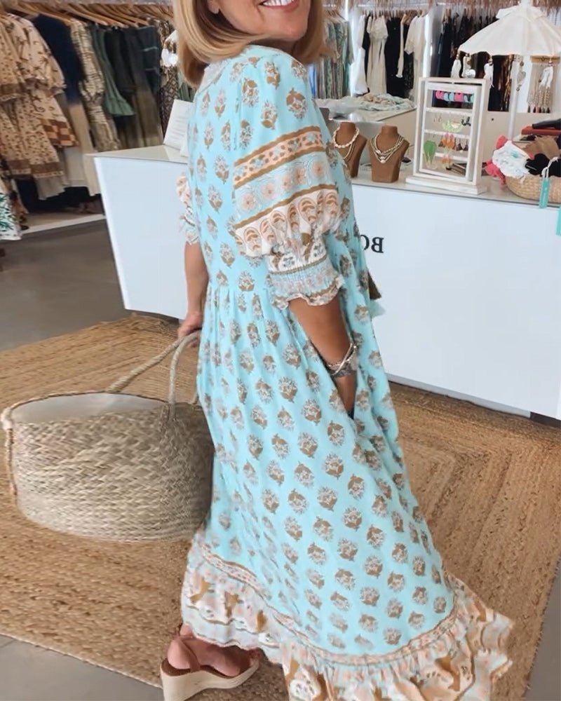 Women's Maxi Summer Dress with V Neckline and Floral Print