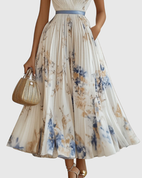 Women's Midi Wedding Guest Dress with V Neckline and Pleated Skirt