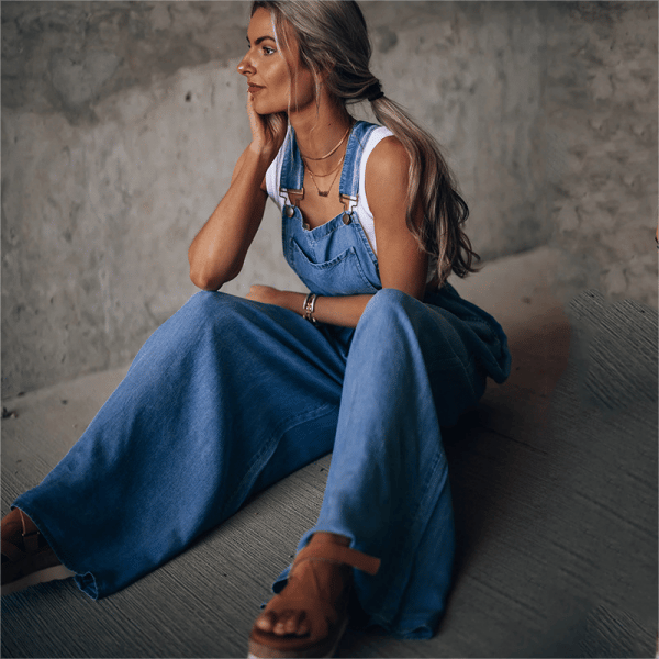 Women's Denim Dungarees with Wide Leg and Side Pockets