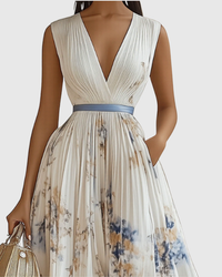 Women's Midi Wedding Guest Dress with V Neckline and Pleated Skirt