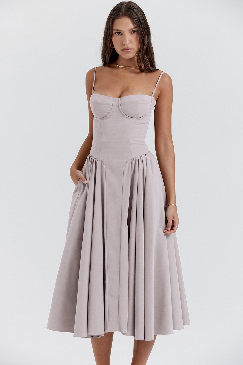 Women's Midi Graduation Dress with Spaghetti Strap and Ruffled Hem