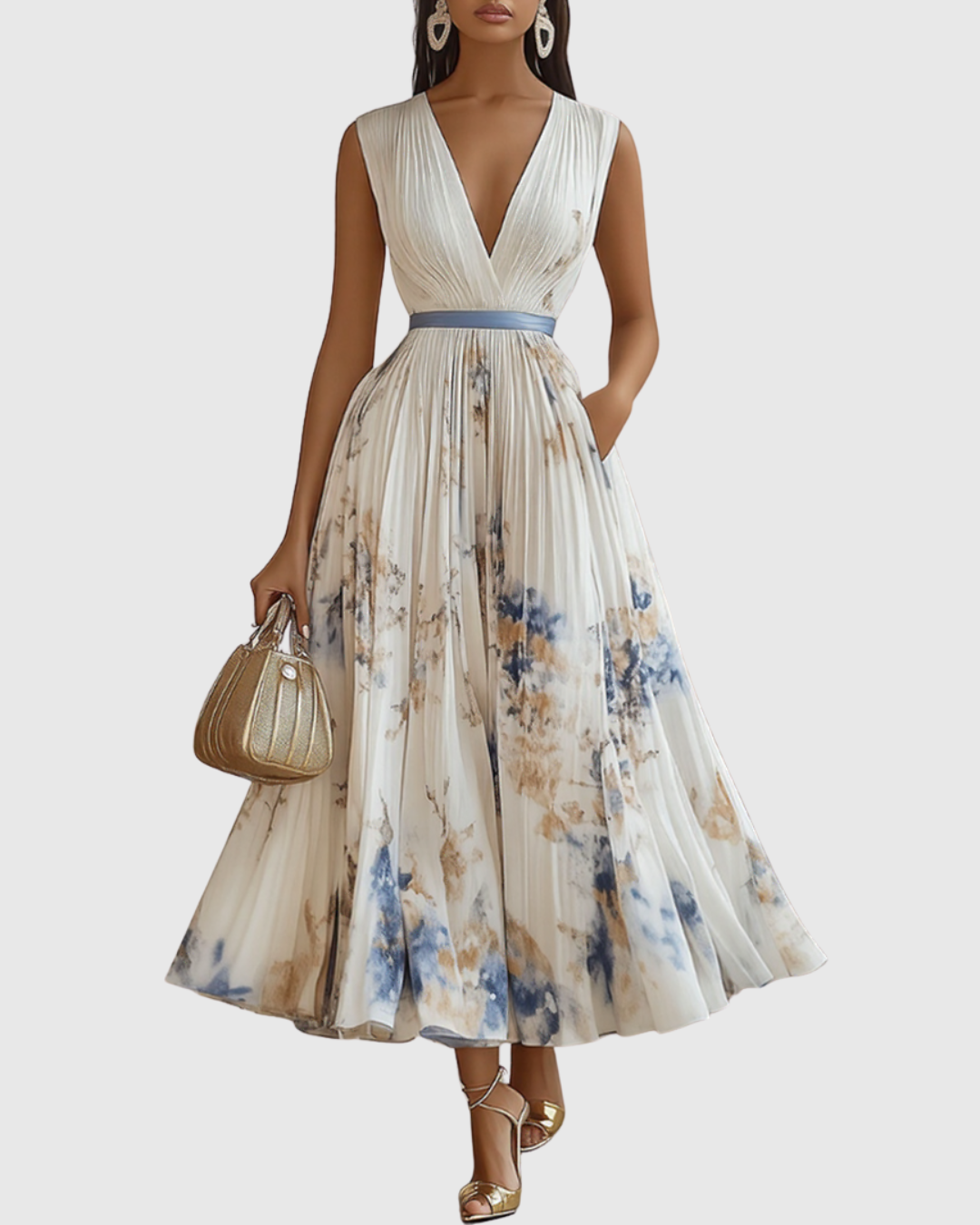 Women's Midi Wedding Guest Dress with V Neckline and Pleated Skirt