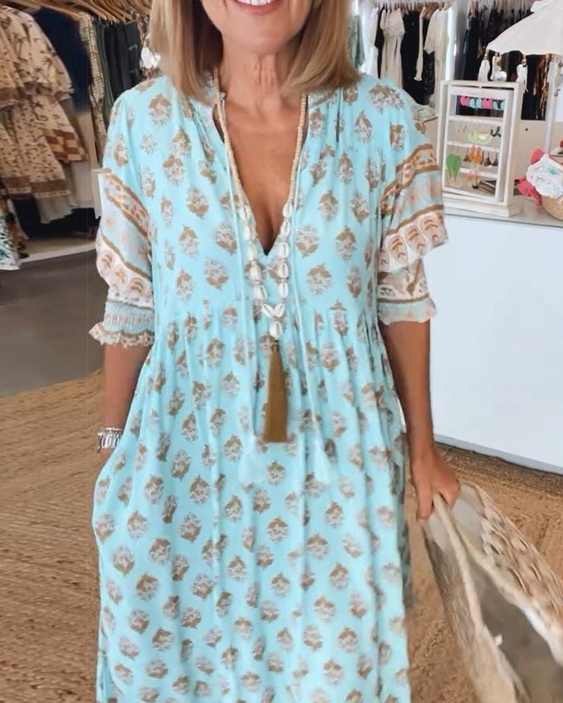 Women's Maxi Summer Dress with V Neckline and Floral Print
