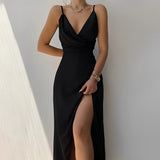 Women's Midi Wedding Guest Dress with V Neckline and Side Slit