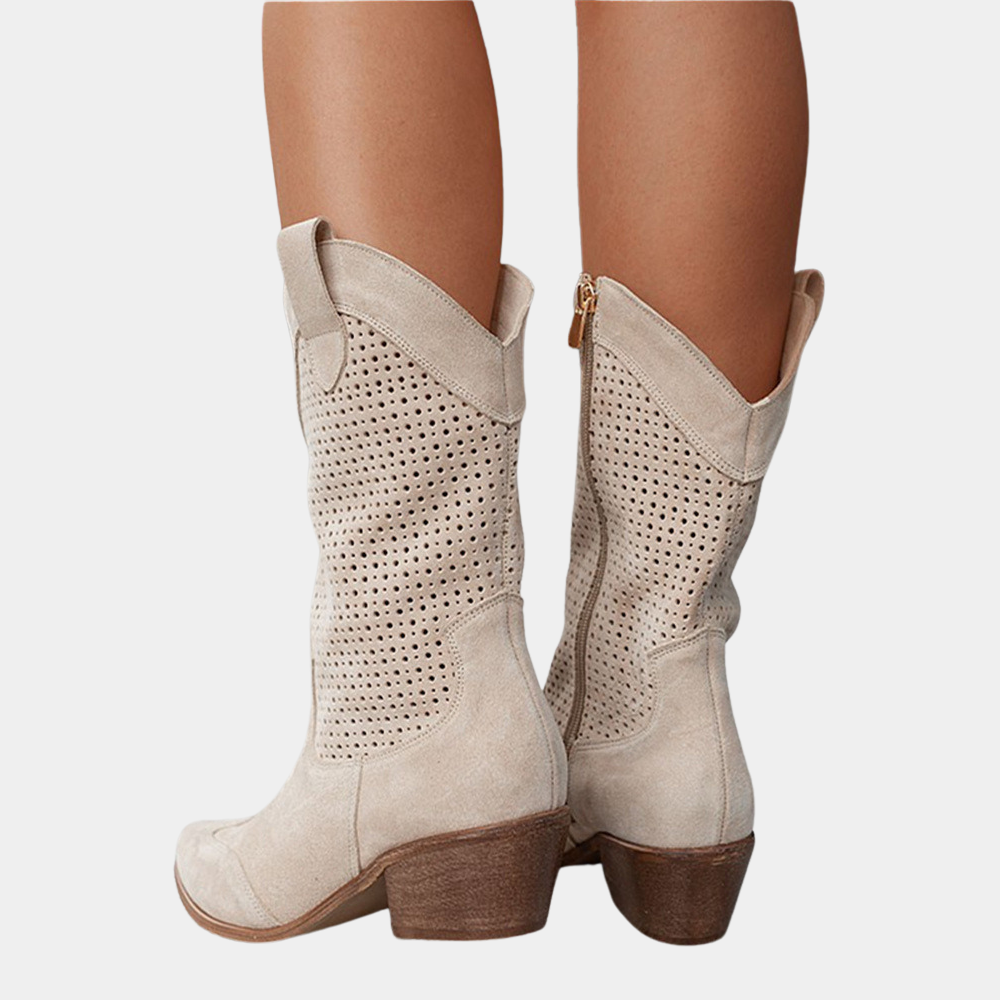Women's Mid Calf Cowboy Boots with Block Heel and Perforated Detail