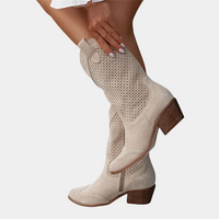 Women's Mid Calf Cowboy Boots with Block Heel and Perforated Detail