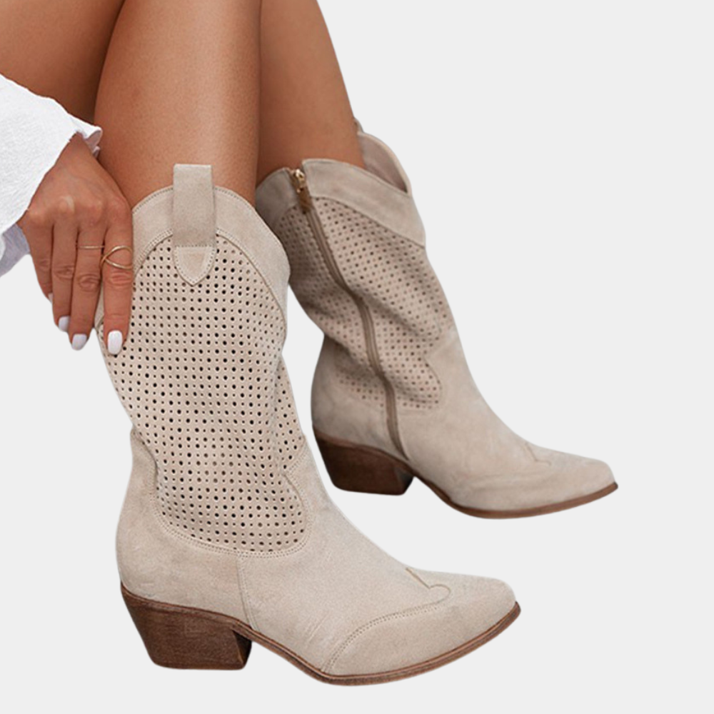 Women's Mid Calf Cowboy Boots with Block Heel and Perforated Detail