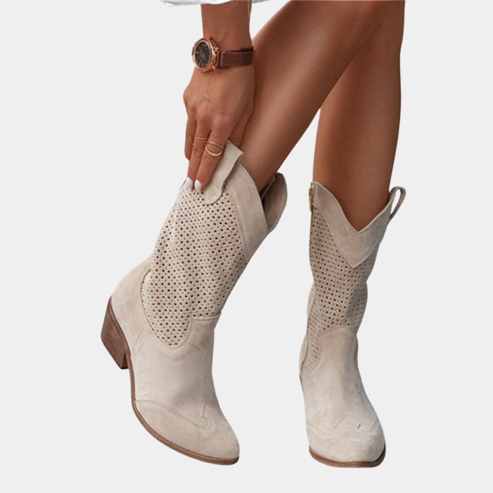 Women's Mid Calf Cowboy Boots with Block Heel and Perforated Detail