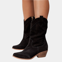 Women's Mid Calf Cowboy Boots with Block Heel and Perforated Detail