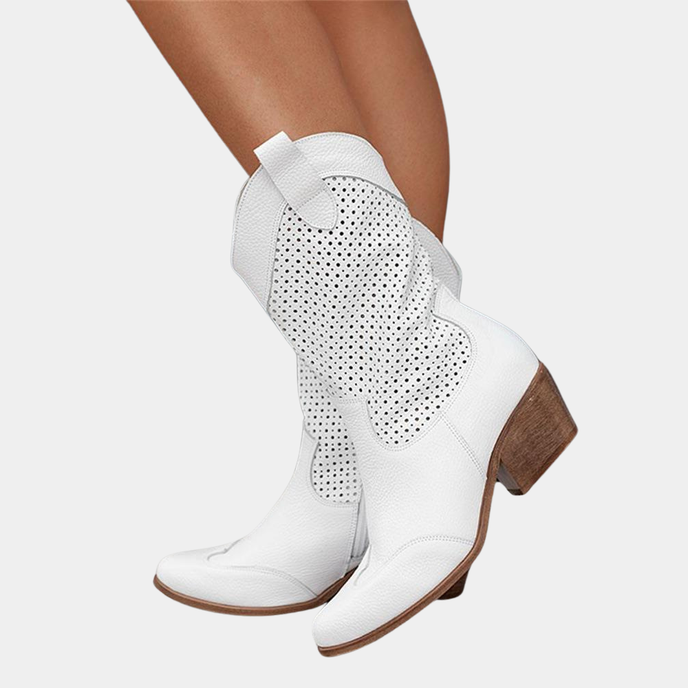 Women's Mid Calf Cowboy Boots with Block Heel and Perforated Detail