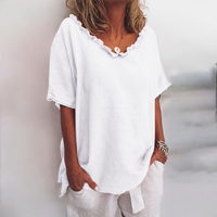 Women's V Neck Tops with Short Sleeves and Ruffled Collar
