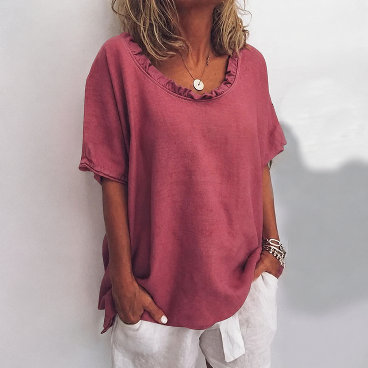 Women's V Neck Tops with Short Sleeves and Ruffled Collar