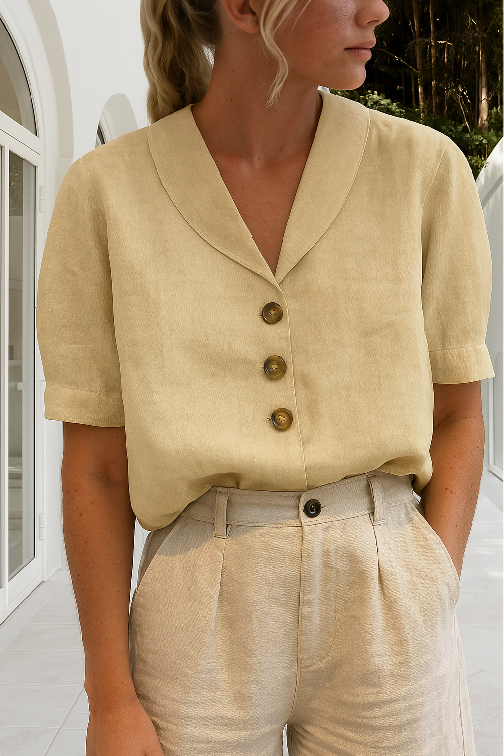 Women's V Neck Tops with Short Sleeves and Button Up