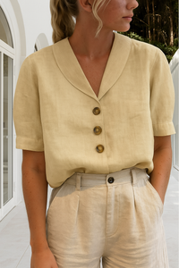 Women's V Neck Tops with Short Sleeves and Button Up