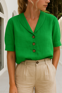 Women's V Neck Tops with Short Sleeves and Button Up