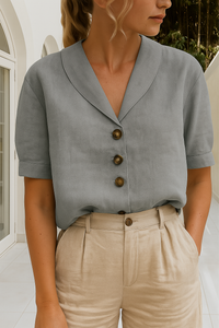 Women's V Neck Tops with Short Sleeves and Button Up