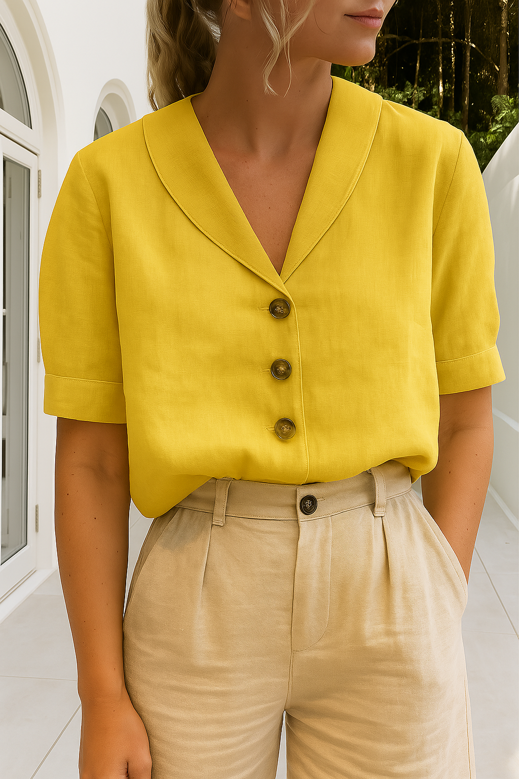 Women's V Neck Tops with Short Sleeves and Button Up