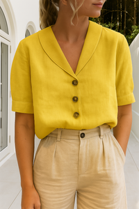 Women's V Neck Tops with Short Sleeves and Button Up