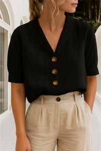 Women's V Neck Tops with Short Sleeves and Button Up