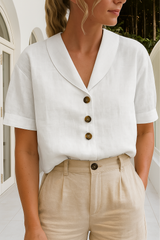 Women's V Neck Tops with Short Sleeves and Button Up