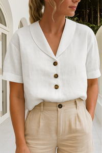 Women's V Neck Tops with Short Sleeves and Button Up