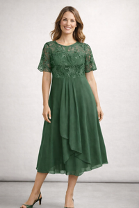 Women's Midi Wedding Guest Dress with Short Sleeves and Floral Bodice