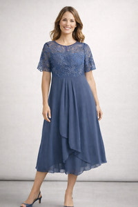 Women's Midi Wedding Guest Dress with Short Sleeves and Floral Bodice