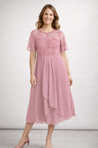 Women's Midi Wedding Guest Dress with Short Sleeves and Floral Bodice