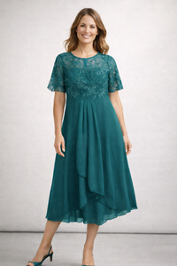 Women's Midi Wedding Guest Dress with Short Sleeves and Floral Bodice