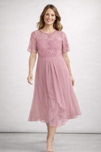 Women's Midi Wedding Guest Dress with Short Sleeves and Floral Bodice