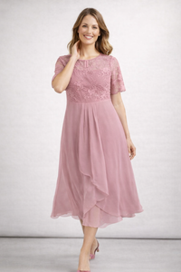 Women's Midi Wedding Guest Dress with Short Sleeves and Floral Bodice