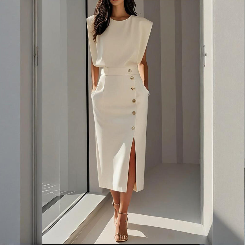 Women's Midi White Dress with Sleeveless and Button Detail