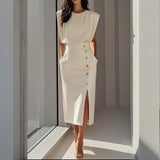 Women's Midi White Dress with Sleeveless and Button Detail