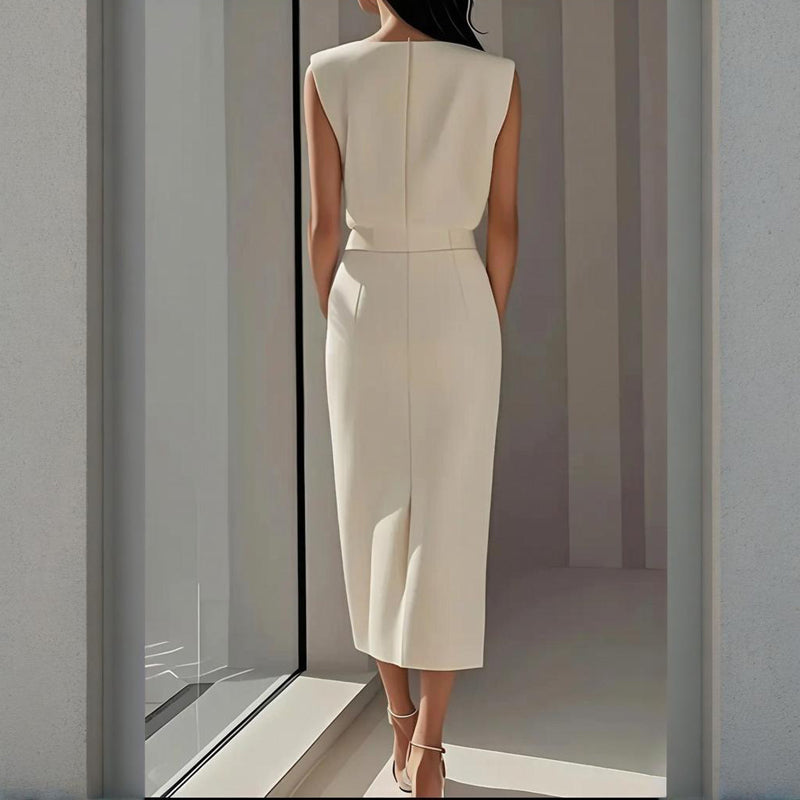 Women's Midi White Dress with Sleeveless and Button Detail