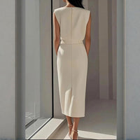 Women's Midi White Dress with Sleeveless and Button Detail