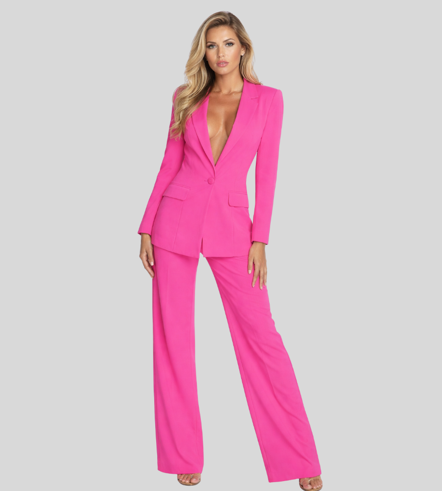 Women's Tailored Set with Single Button Blazer and Wide Leg Trousers