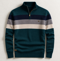 Men's Cotton Stripe Pullover with Quarter-Zip Neck