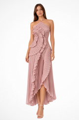 Women's Maxi Halter Neck Dress with Ruffled Hem and Pleated Skirt
