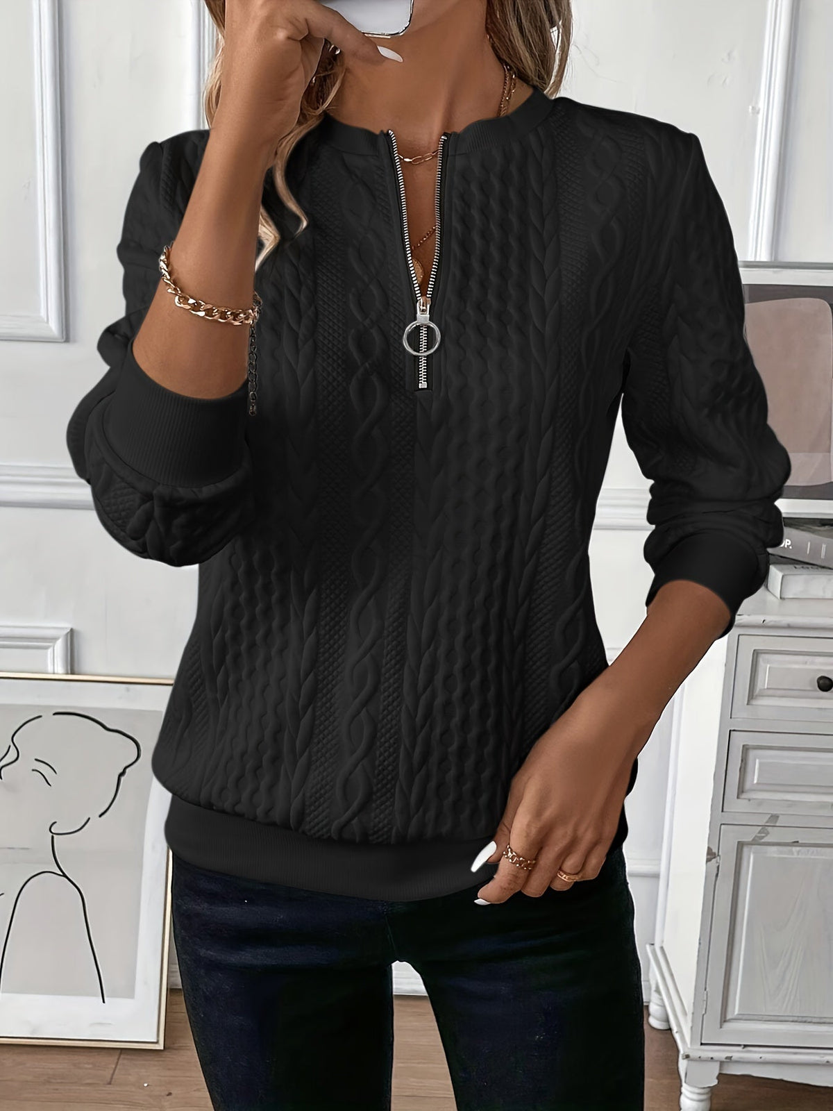 Women's Zip Up Tops with Cable Knit and Long Sleeves