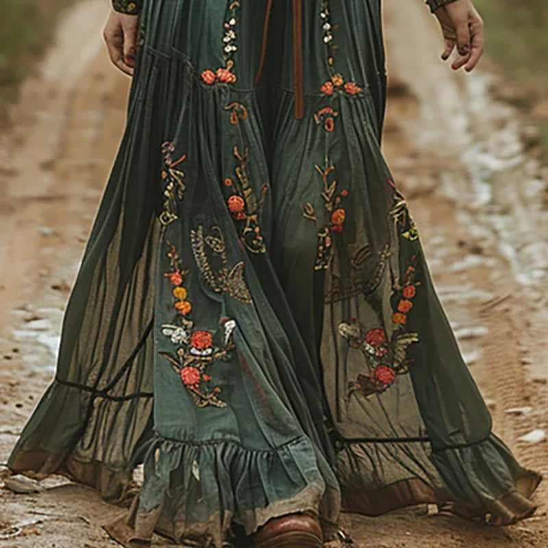 Women's Maxi Summer Dress with Floral Print and Bell Sleeves