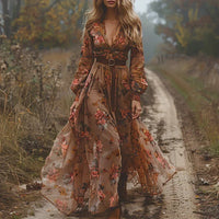 Women's Maxi Summer Dress with Floral Print and Bell Sleeves