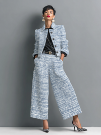 Women's Tweed Set with Wide Leg Trousers and Collarless Jacket