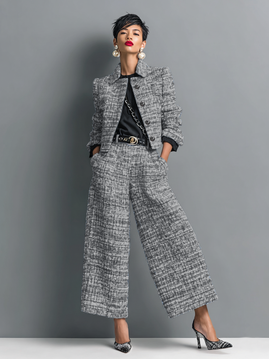 Women's Tweed Set with Wide Leg Trousers and Collarless Jacket