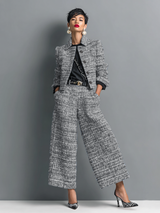Women's Tweed Set with Wide Leg Trousers and Collarless Jacket