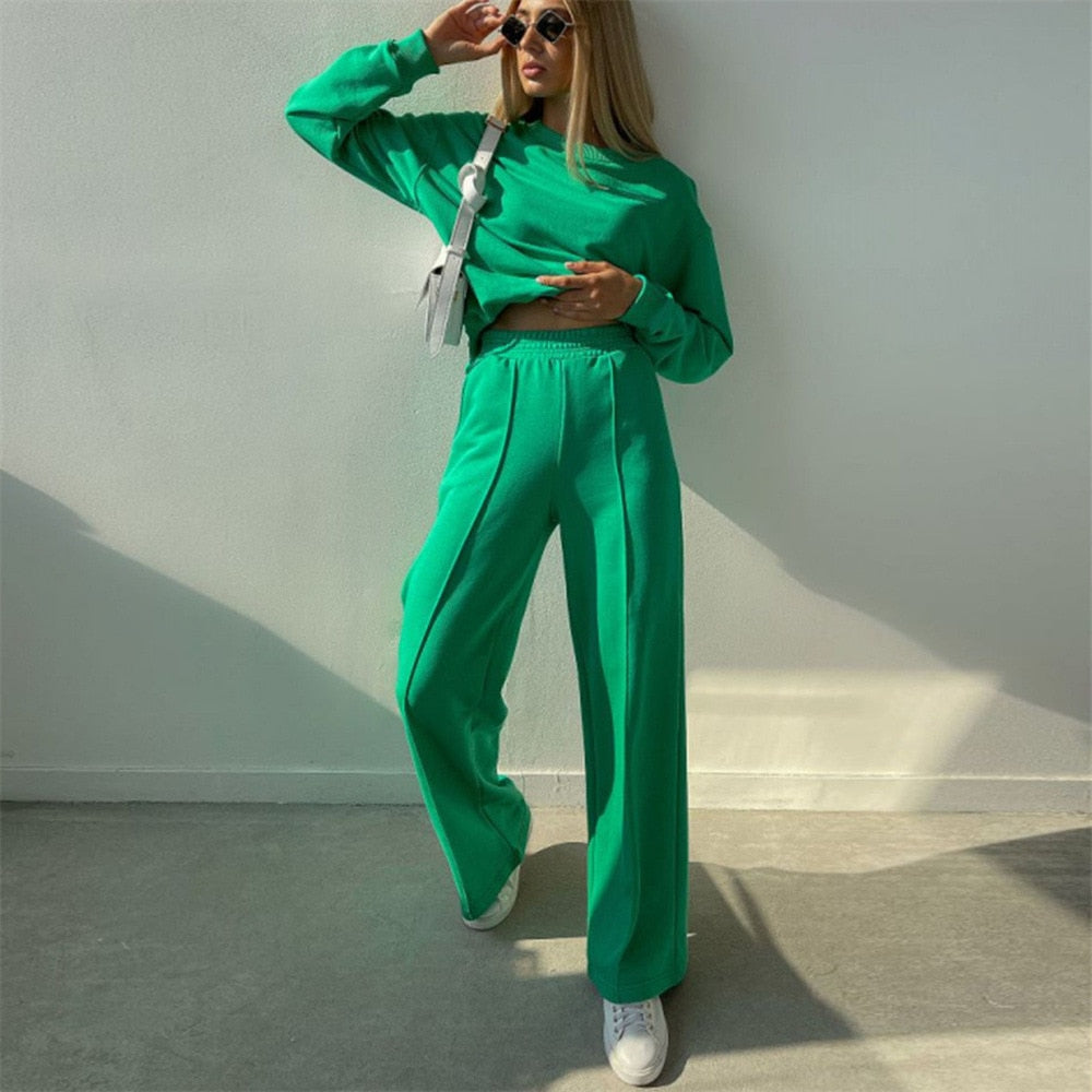 Women's Sweatshirt Set with Crew Neck Top and Wide Leg Trousers