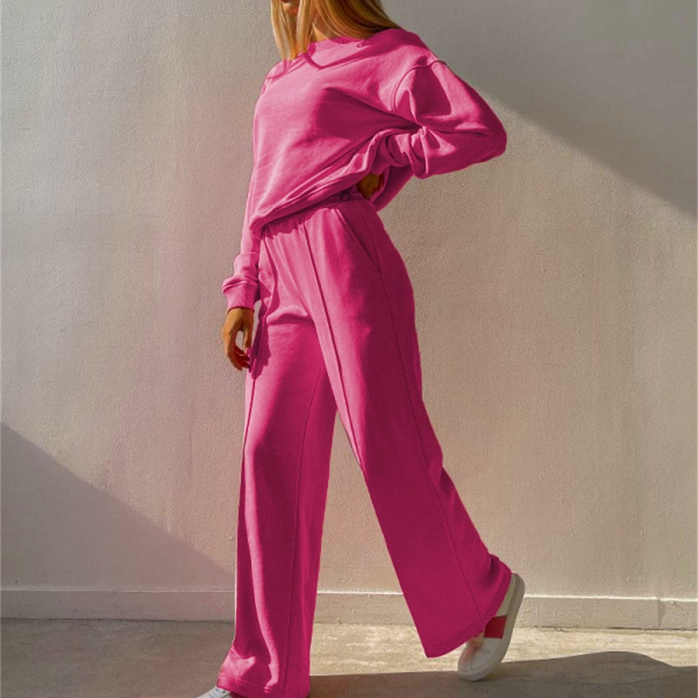 Women's Sweatshirt Set with Crew Neck Top and Wide Leg Trousers
