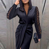 Women's Midi Occasion Dress with V Neckline and Long Sleeves