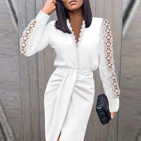 Women's Midi Occasion Dress with V Neckline and Long Sleeves