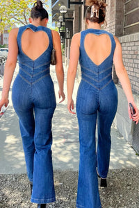 Women's Denim Jumpsuit with V Neckline and Flared Leg