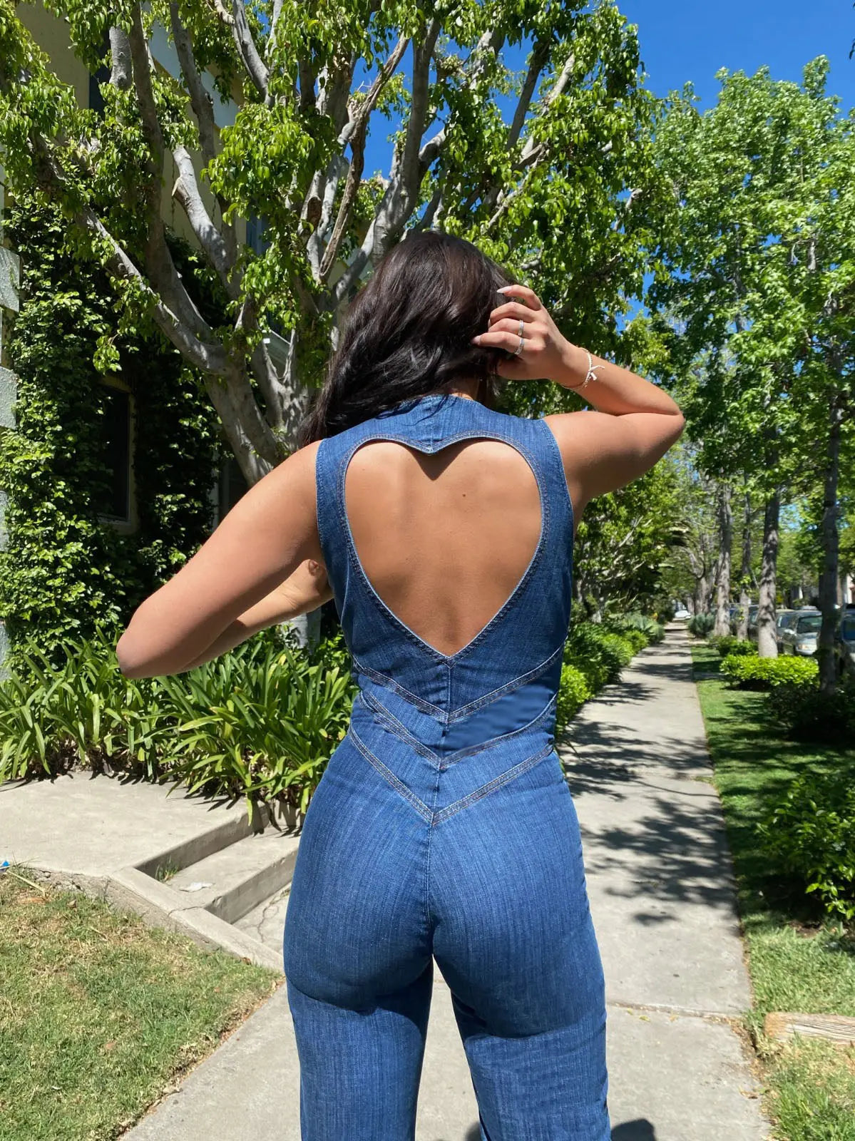 Women's Denim Jumpsuit with V Neckline and Flared Leg